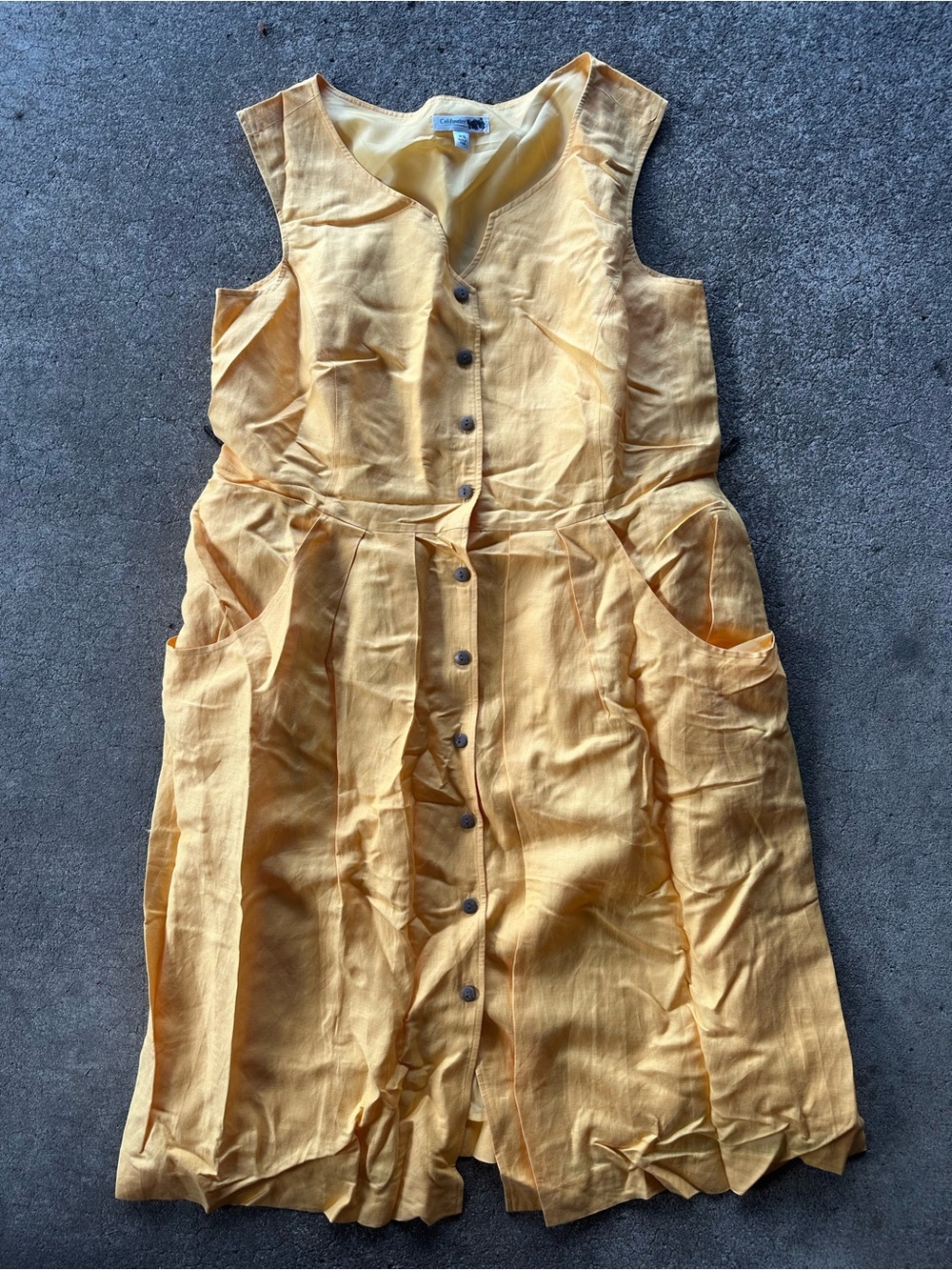 VTG Coldwater Creek Yellow Sleeveless Linen Button A Line Midi Dress